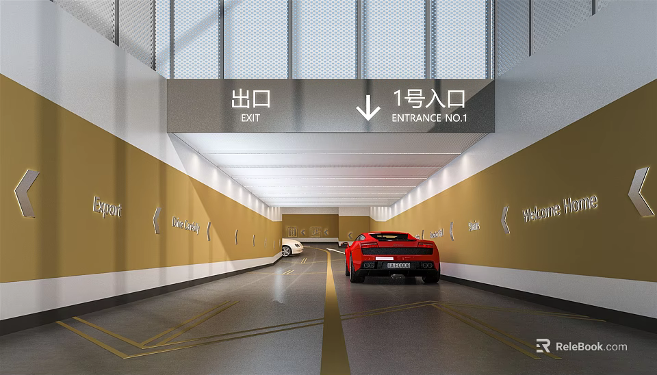 Underground Parking Garage With Exit Entrance No.1 Yellow Walls Markings And Red White Cars 3d model 