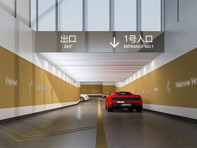 Underground Parking Garage With Exit Entrance No.1 Yellow Walls Markings And Red White Cars 3d model