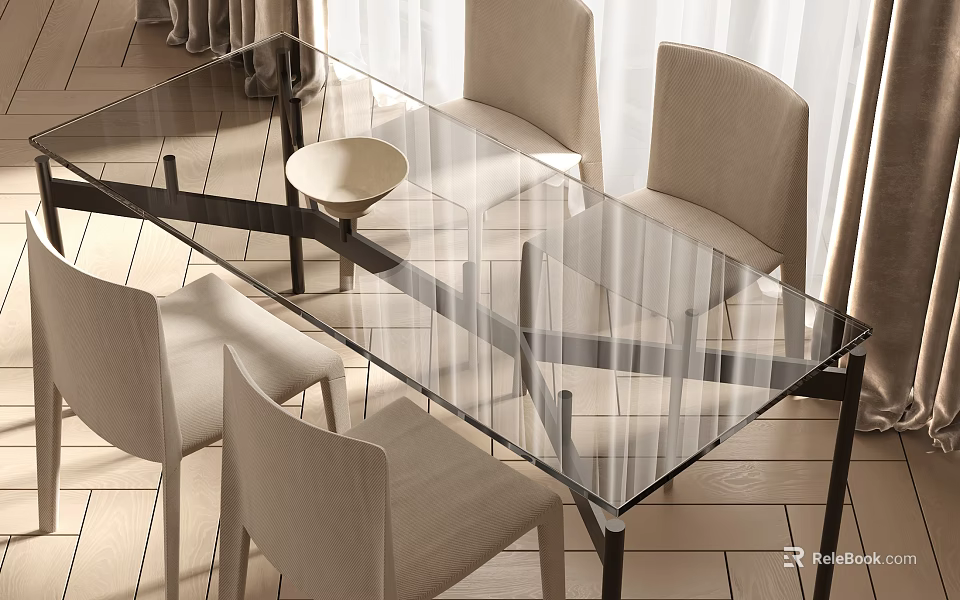 Glass Dining Table With Black Metal Frame And Beige Chairs In Modern Room 3d model 