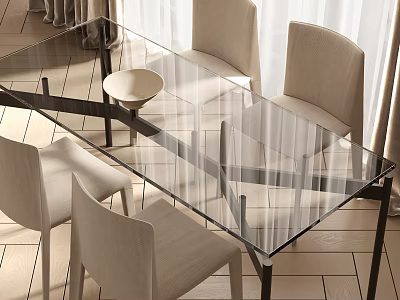 Glass Dining Table With Black Metal Frame And Beige Chairs In Modern Room 3d model