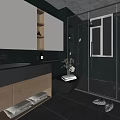 Modern Bathroom Interior Design With Dark Tiles Large Mirror Glass Shower And Window Blinds