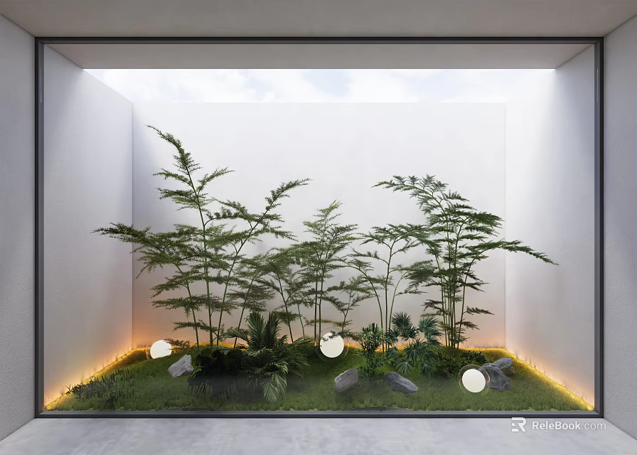 Modern Garden Nook With Bamboo Green Foliage Round Lights Stones And Ground Lighting 3d model 