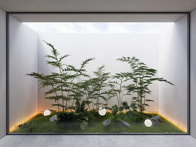 Modern Garden Nook With Bamboo Green Foliage Round Lights Stones And Ground Lighting 3d model