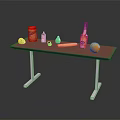 Red Tabletop Display With Canister Bottle Pear Orange Bread And Tennis Ball