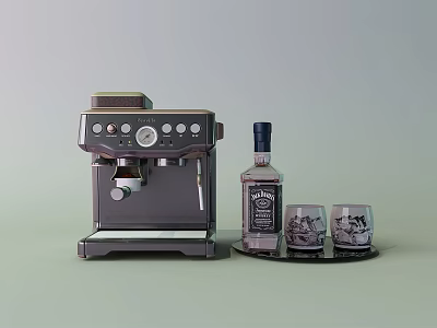 Modern Kitchen Coffee Machine With Glass Mugs And Alcohol Bottle On Tray 3d model