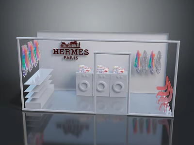 Hermes Paris Display Case With Colored Items White Shelves And Chairs 3d model