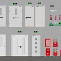 Assorted White Doors With Fire Extinguishers And Exit Signs 3d model