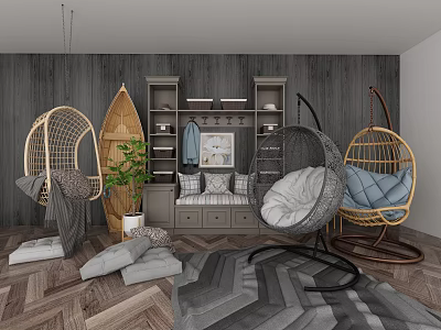 Stylish Wicker Hanging Chairs In Modern Interior With Shelf Pillows And Plant 3d model