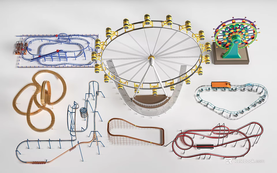 Colorful Amusement Rides Collection Featuring Ferris Wheel Roller Coaster Tracks Carousel And Climbing Frames 3d model 