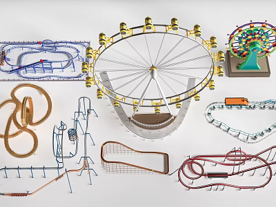 Colorful Amusement Rides Collection Featuring Ferris Wheel Roller Coaster Tracks Carousel And Climbing Frames 3d model