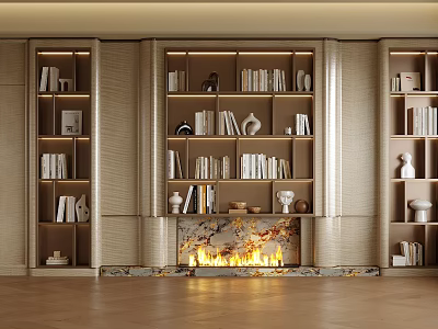 Elegant Bookcase Design With Fireplace Books And Decorative Items In Living Room 3d model