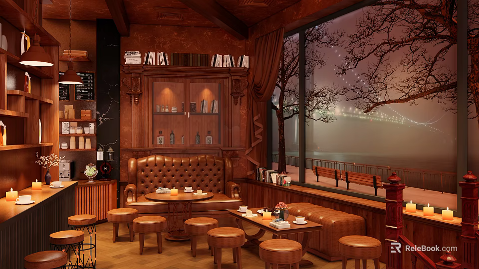 Cozy Café Interior With Wooden Bookshelves Leather Booths Large Windows And Night Bridge View 3d model 
