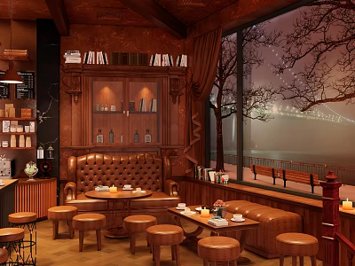 Cozy Café Interior With Wooden Bookshelves Leather Booths Large Windows And Night Bridge View 3d model