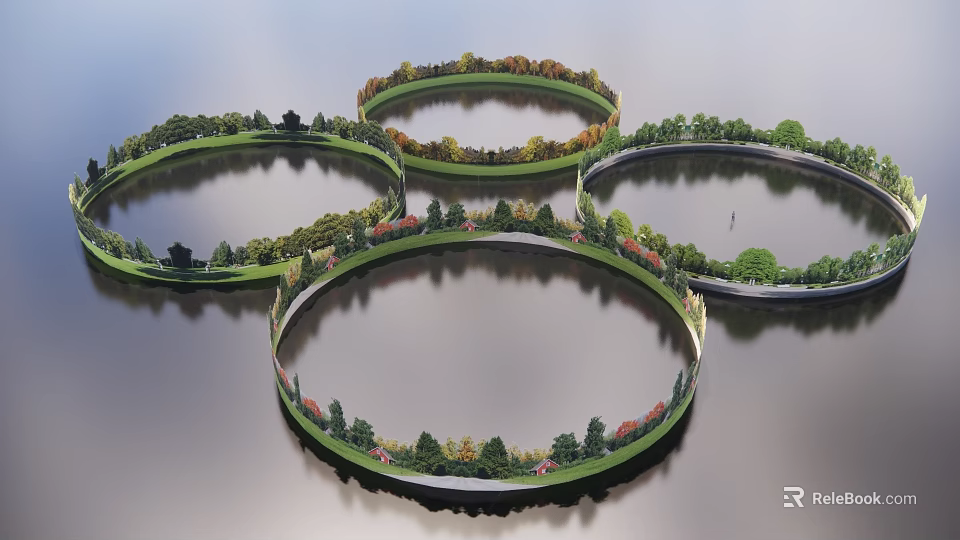 Circular Garden Landscape With Concentric Rings Colorful Vegetation And Water Reflections 3d model 