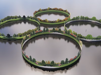 Circular Garden Landscape With Concentric Rings Colorful Vegetation And Water Reflections 3d model