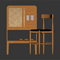 Minimalist Modern Wooden Desk and Chair Set With Rattan Panel and Black Cushion