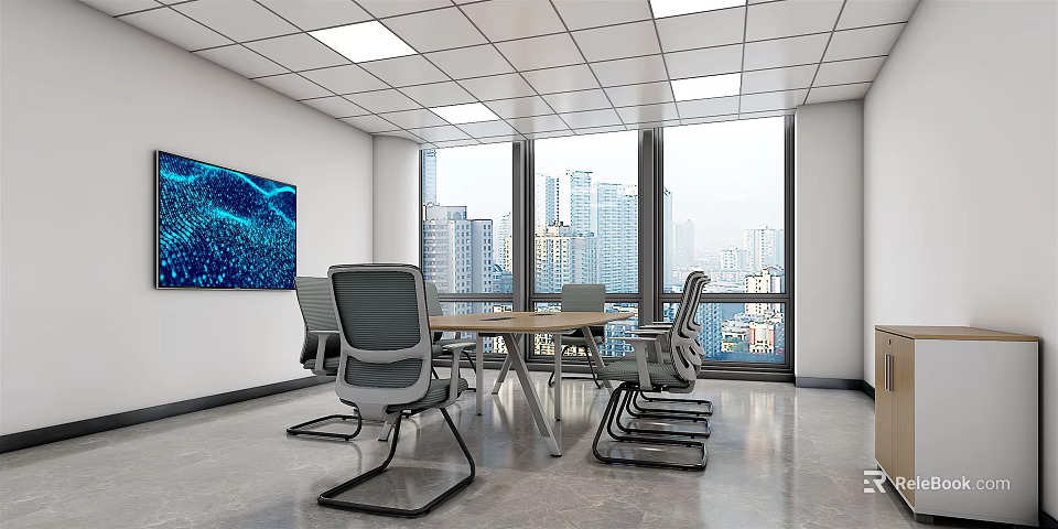 Modern Conference Room With Large Windows City View Blue Screen Long Table Gray Chairs 3d model 