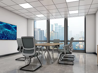 Modern Conference Room With Large Windows City View Blue Screen Long Table Gray Chairs 3d model