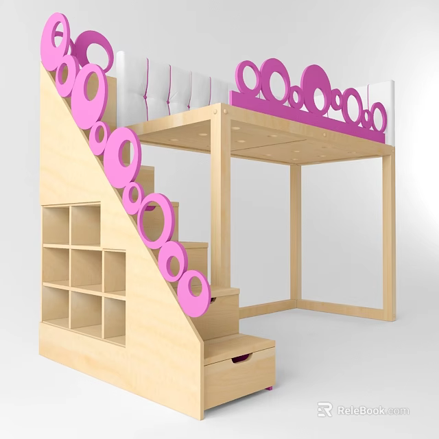 Kids Wooden Bunk Bed With Stairs Pink Circular Decorations And Storage Shelves 3d model 