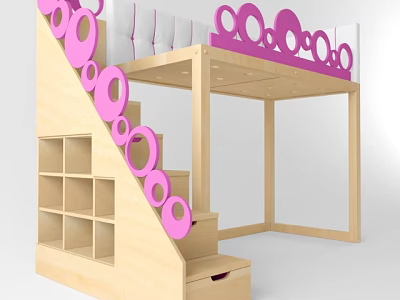 Kids Wooden Bunk Bed With Stairs Pink Circular Decorations And Storage Shelves 3d model