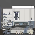 Modern Minimalist Kids Room Interior With Cozy Bed Study Desk Stuffed Toys And Wall Art