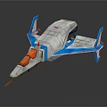Blue And White Spacecraft Model With Orange Cockpit Wings And Futuristic Cosmic Design