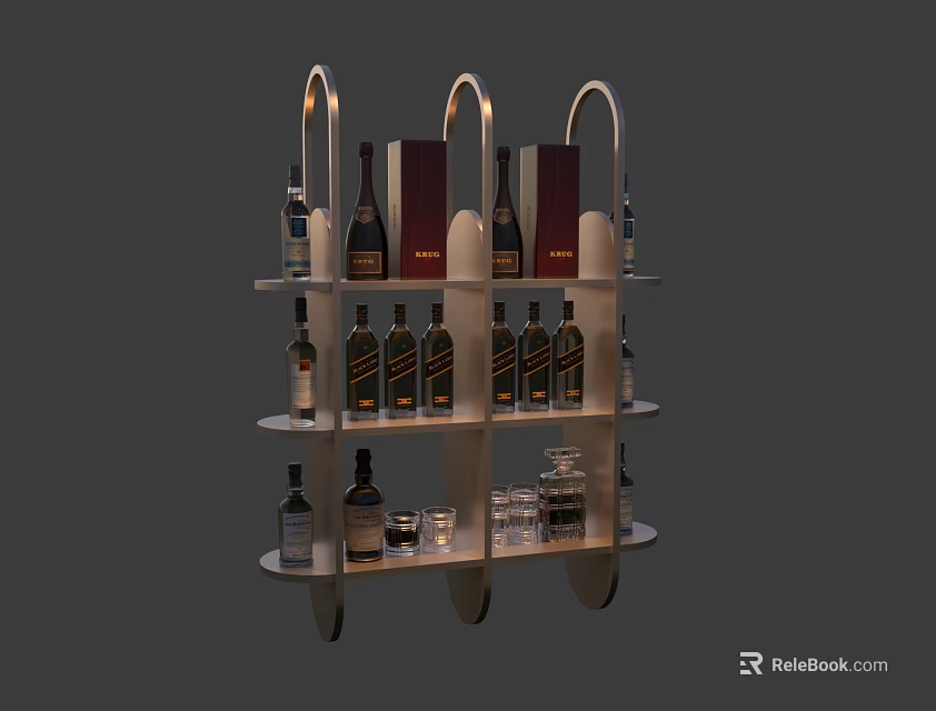 Modern Metal Frame Liquor Cabinet With Multiple Shelves Holding Bottles And Glasses 3d model 