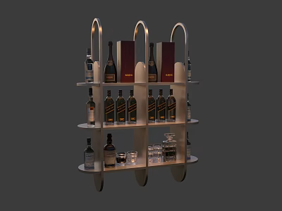 Modern Metal Frame Liquor Cabinet With Multiple Shelves Holding Bottles And Glasses 3d model