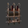 Modern Metal Frame Liquor Cabinet With Multiple Shelves Holding Bottles And Glasses