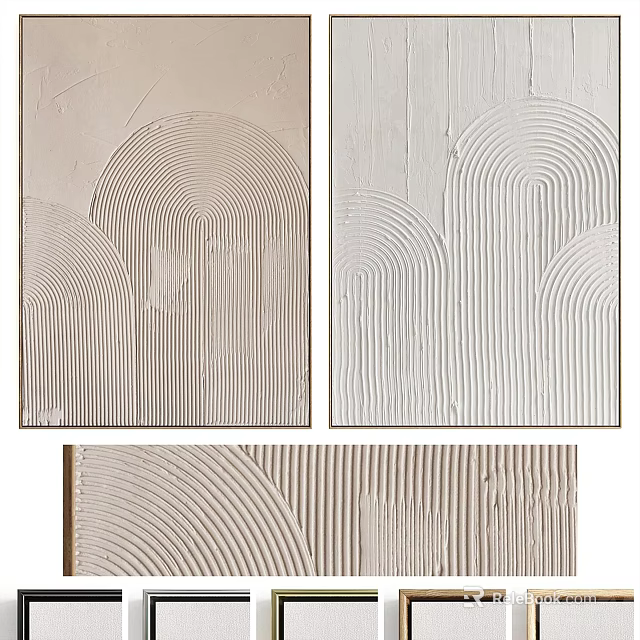 Three Beige And White Decorative Paintings With Wave And Line Textures 3d model 