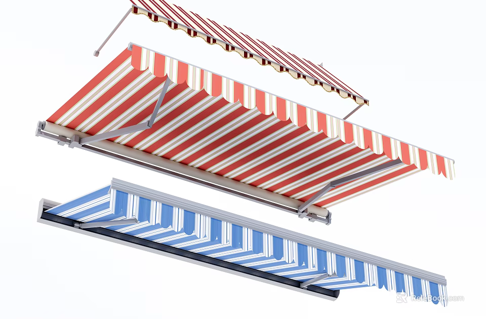 Retractable Outdoor Awnings With Red White Blue Stripes And Metal Frame 3d model 