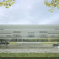 Modern Industrial Factory Building With Glass Curtain Walls Surrounding Trees Road And Vehicles