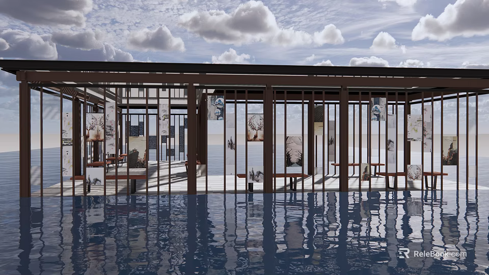 Modern Outdoor Pergola With Glass Panels And Water Reflection Under Cloudy Sky View 3d model 