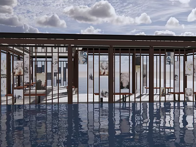 Modern Outdoor Pergola With Glass Panels And Water Reflection Under Cloudy Sky View 3d model