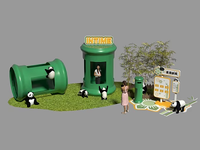 INTIME Photo Check in Spot With Pandas Green Cylindrical Structures Grass Lawn And Signboard 3d model