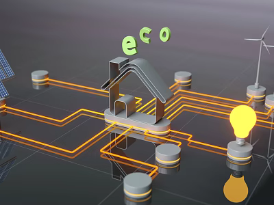 Eco Friendly Smart Home Model With Solar Panel Wind Turbine And Light Bulb 3d model