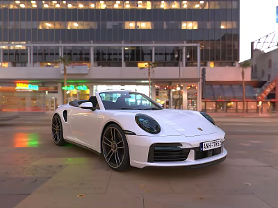White Convertible Sports Car Parked On Urban Street With Modern Building Evening Lights 3d model