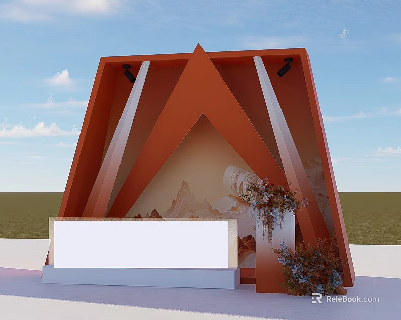 Red Triangular Photo Check In Spot With Mountain Pattern White Platform And Decorative Flowers 3d model