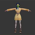 3D Character In Yellow Polka Dot Dress With Black Belt And Arms Outstretched