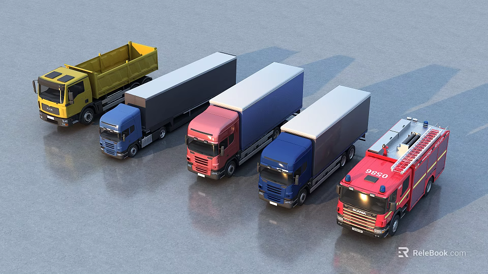Various Types of Trucks in Different Colors Featuring Fire Cargo and Dump Vehicles 3d model 