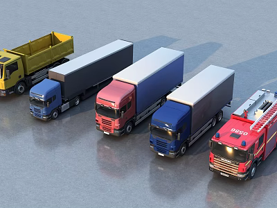 Various Types of Trucks in Different Colors Featuring Fire Cargo and Dump Vehicles 3d model