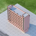 Pink Multi Story Office Building With Numerous Windows Blue Sky And Green Lawn