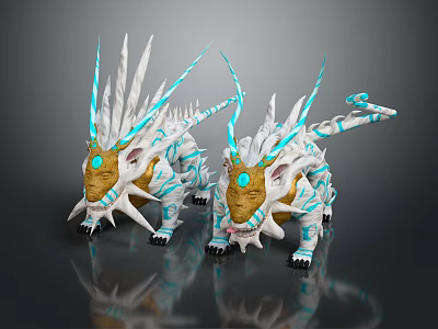 Game and Movie Fantasy Creature White and Blue Patterned Dragon with Spiked Head Yellow Eyes 3d model