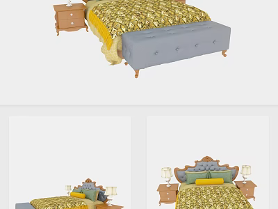 Double Bed with Yellow and Green Quilt Nightstands with Table Lamps and Blue Upholstered Footstool 3d model