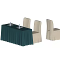 Conference Table with Teal Tablecloth and Beige Chairs Featuring Water Bottles and Glass on Top