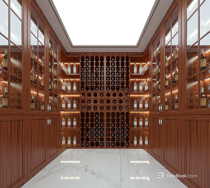Luxury Wine Cellar Interior With Wooden Racks Glass Cabinets And Marble Floor 3d model 