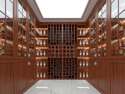 Luxury Wine Cellar Interior With Wooden Racks Glass Cabinets And Marble Floor 3d model