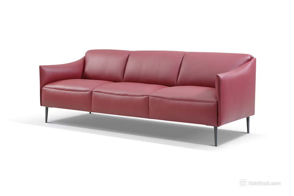 Elegant Red Leather Three Seater Sofa With Black Thin Metal Legs 3d model