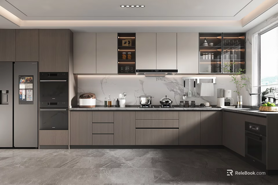 Modern Kitchen Interior Design With Gray Cabinets Stainless Appliances And Marble Countertop 3d model 