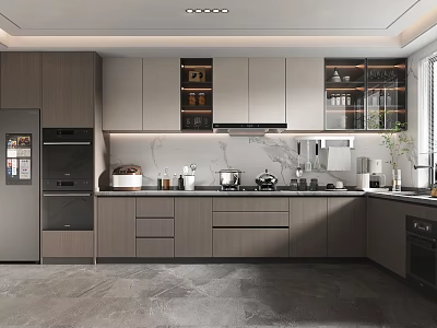 Modern Kitchen Interior Design With Gray Cabinets Stainless Appliances And Marble Countertop 3d model